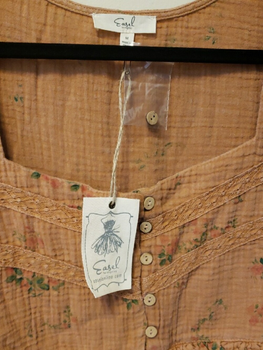 NWOT easel Brown Cotton Gauze Floral Button-Front Dress - Picture 6 of 10